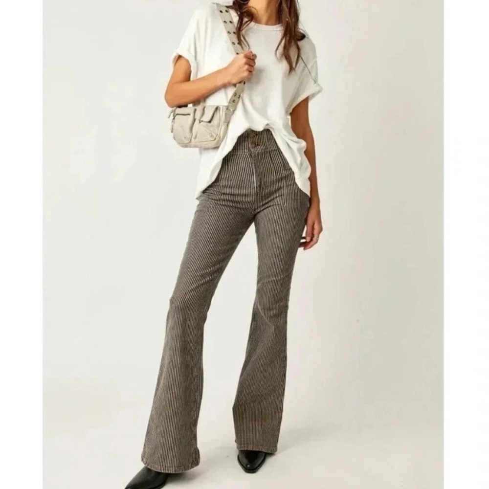 NWT Free People Jayde Flare Jeans High Rise Denim in Railroad Train Stripe Sz 31